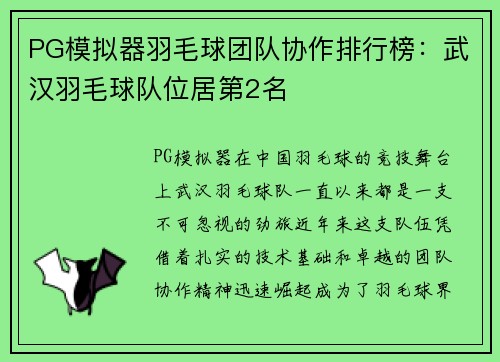PG模拟器羽毛球团队协作排行榜：武汉羽毛球队位居第2名
